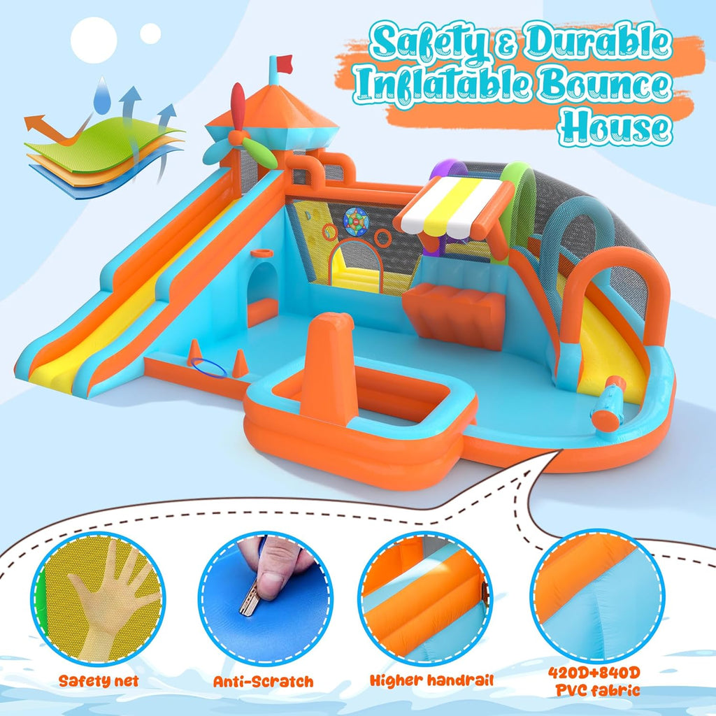 Water Bounce House for Big Kids 8-12, Double Water Slide Bounce House with 750W Blower, Toy Stand, Climbing Wall, Jumping, Water Gun, Splash Pool, Basketball Hoop for Indoor Outdoor Backyard