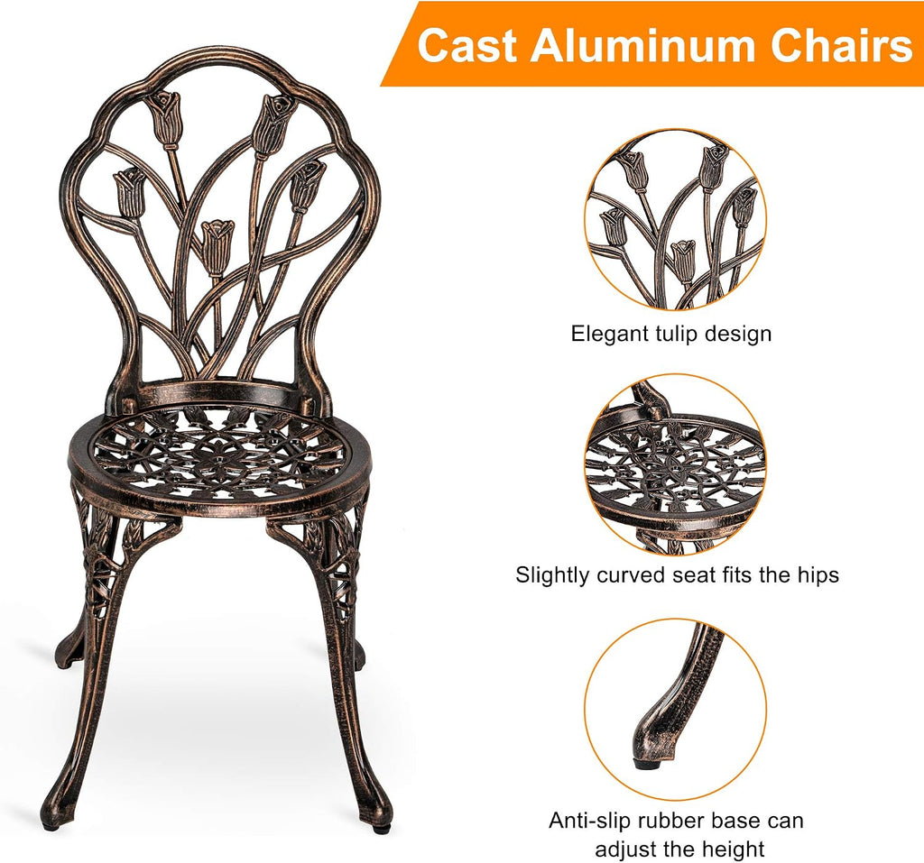 HOMEFUN Bistro Table and Chairs Set of 2 Outdoor 3 Piece Patio Set Tulip Pattern Cast Aluminum Bistro for Garden Balcony, Durable Rust All-Weather Resistance (Bronze)