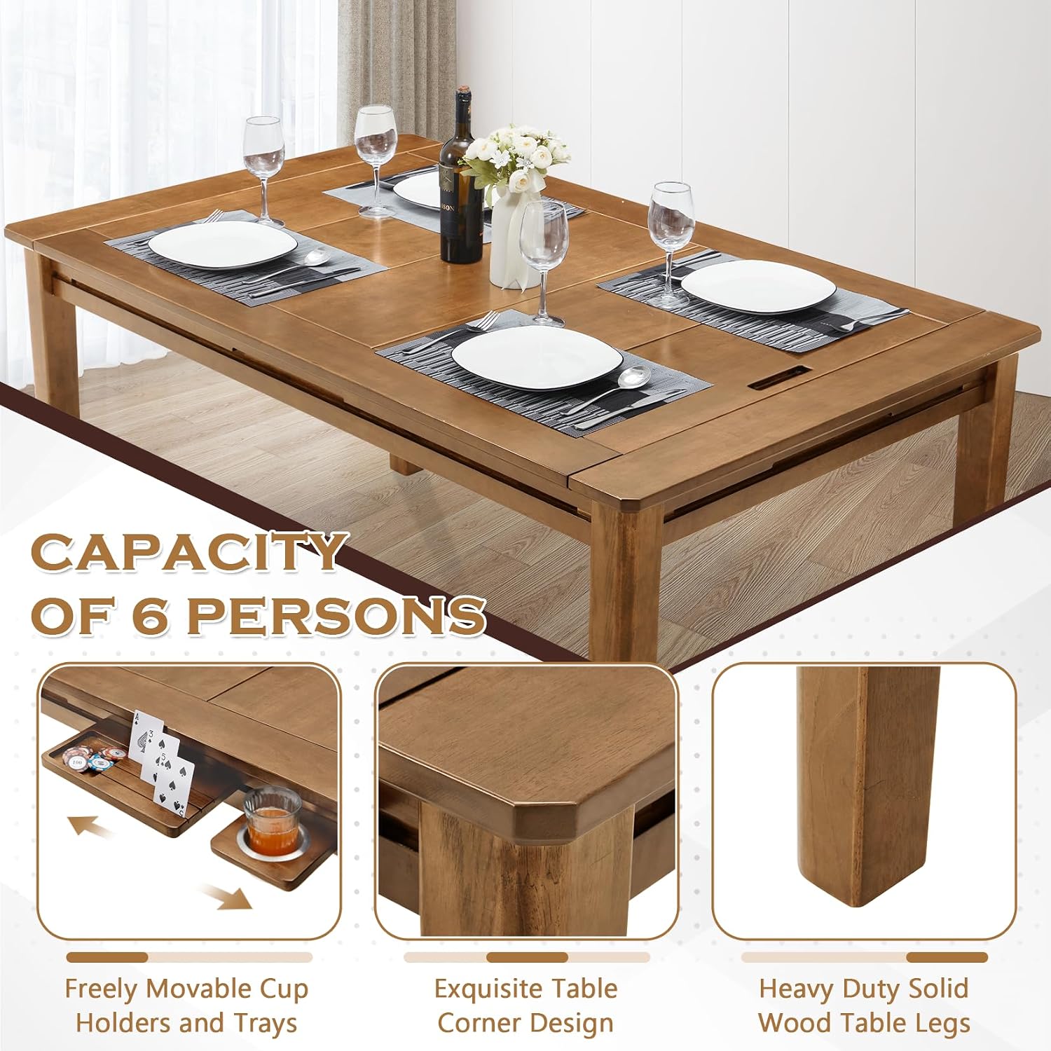 Haddockway 63' ×39' Board Game Table with Removable Top, Solid Wood Dining/Gaming Table for 4-6 Players with Play Mat, 6 Detachable Cup Holders & 6 Hobby Trays(Rosewood)