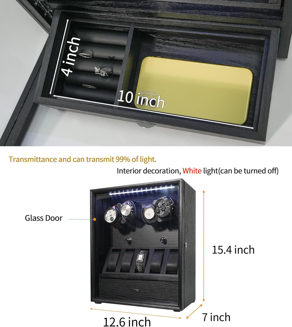 Oryx Watch Winder for 4/6/9 Automatic Watches, Rotating Watch Box 5 Rotation Modes Display Case with Extra Watches Holders and Jewelry Storage, Lockable Winders LED Light USB/AC Powered Mabuchi Motor