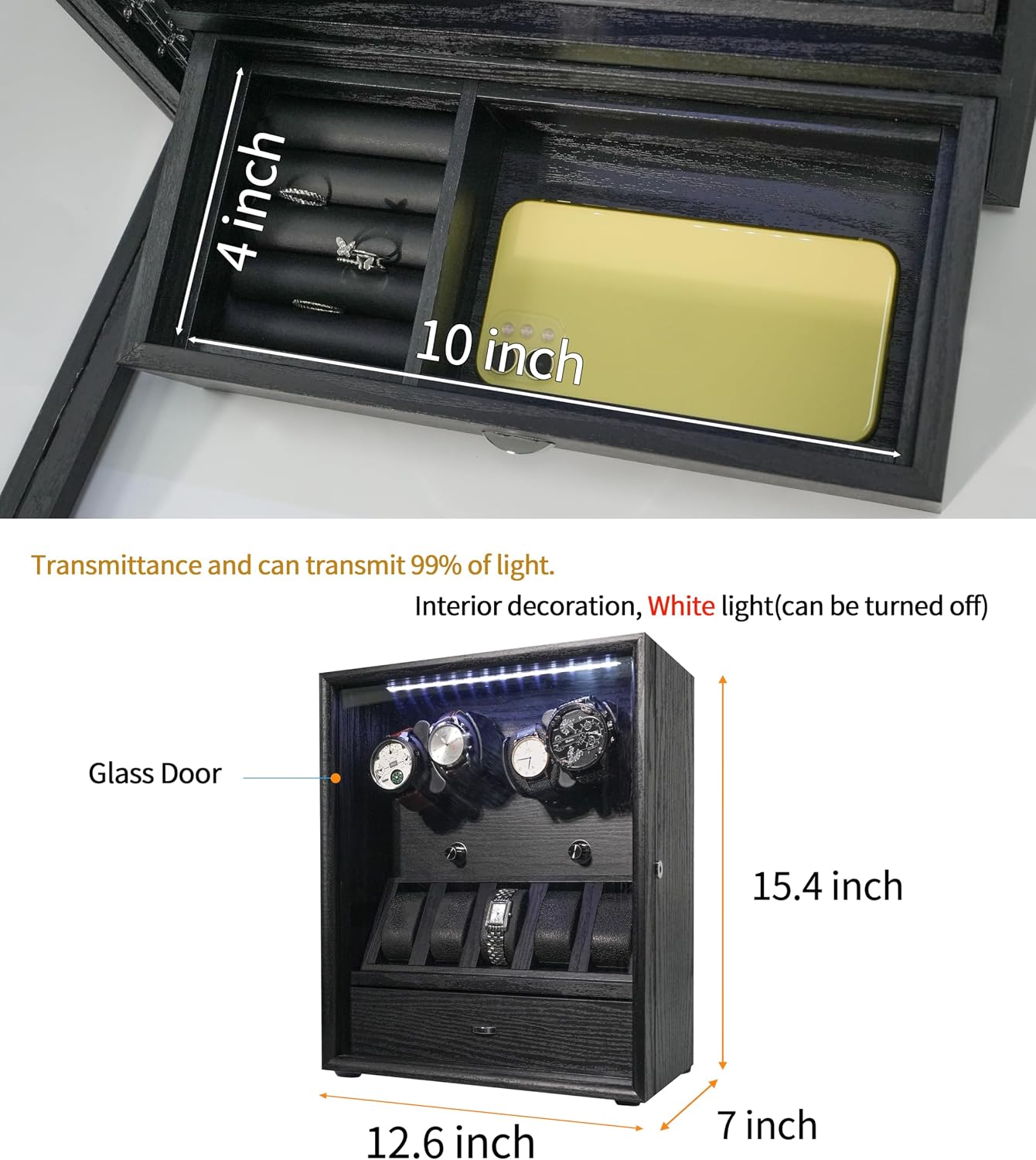 Oryx Watch Winder for 4/6/9 Automatic Watches, Rotating Watch Box 5 Rotation Modes Display Case with Extra Watches Holders and Jewelry Storage, Lockable Winders LED Light USB/AC Powered Mabuchi Motor