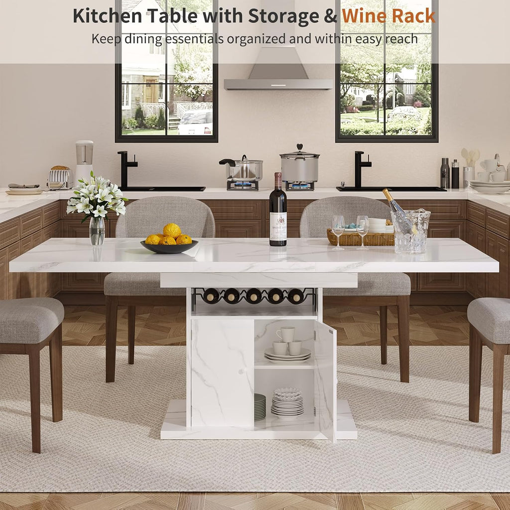 Extendable Dining Room Table for 4-6, 47-63 Inch Rectangle Kitchen Dining Table with Storage, Expandable Modern Rectangle Dinner Table with Faux Marble Top for Kitchen, Dining Room, White Faux Marble
