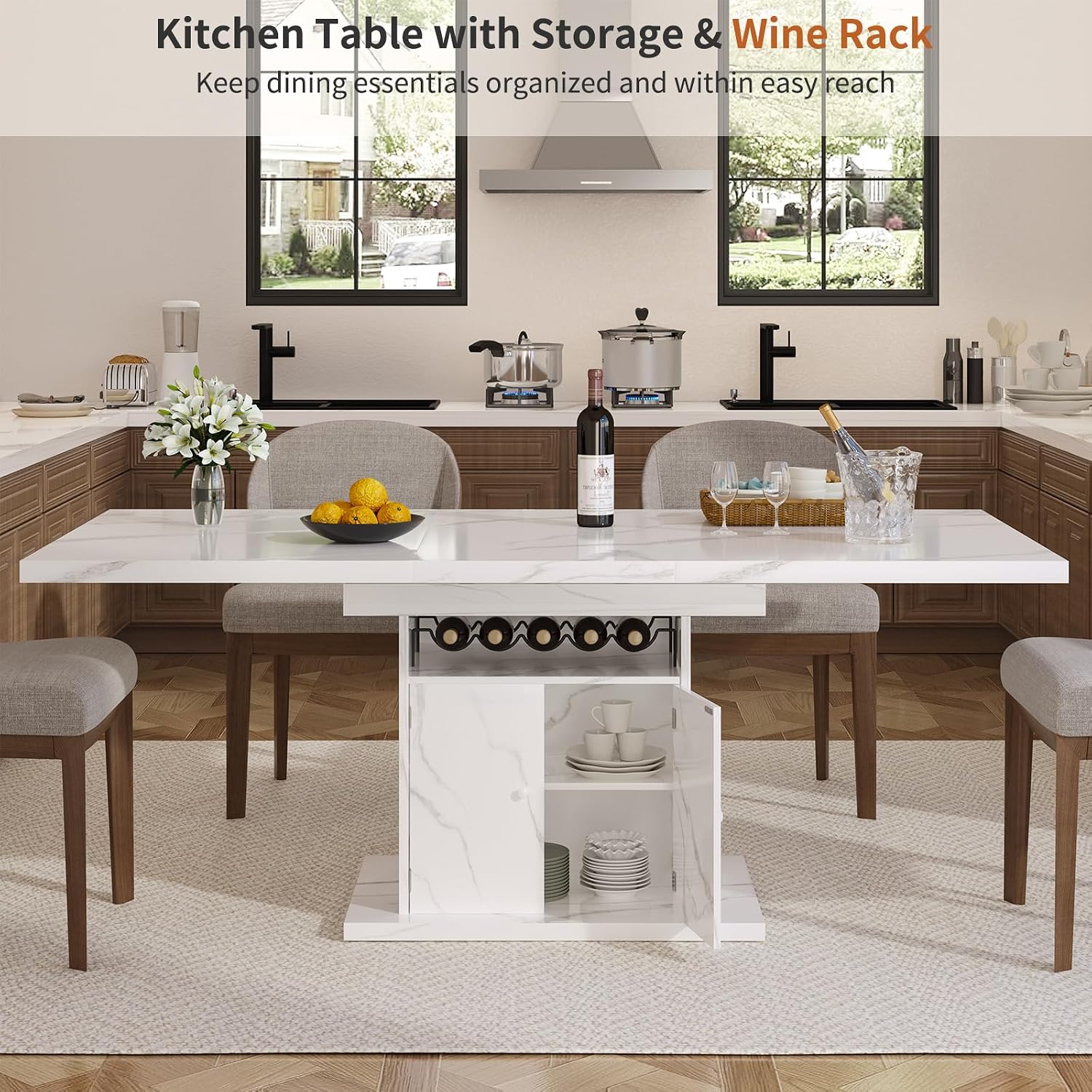 Extendable Dining Room Table for 4-6, 47-63 Inch Rectangle Kitchen Dining Table with Storage, Expandable Modern Rectangle Dinner Table with Faux Marble Top for Kitchen, Dining Room, White Faux Marble