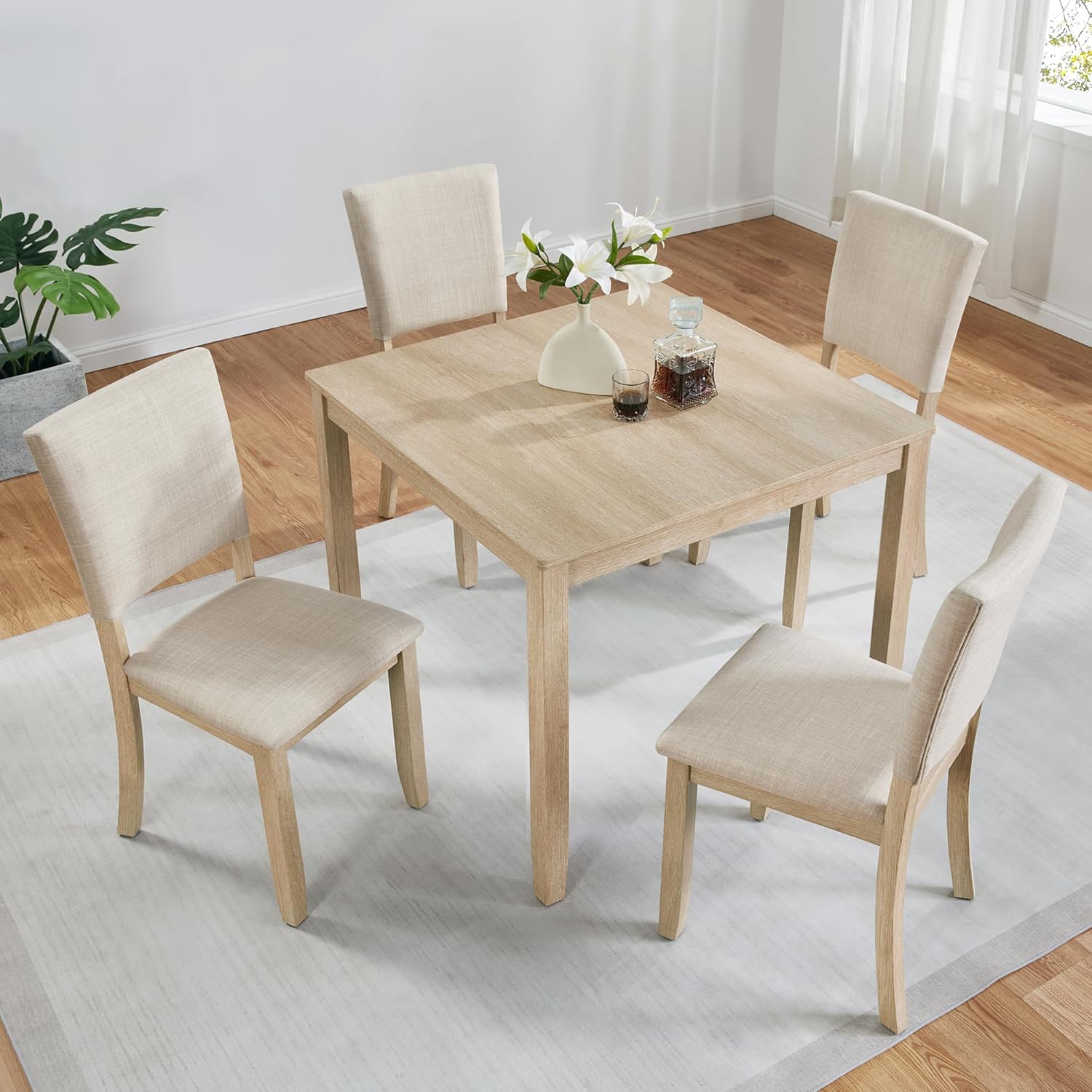 KEIKI 5-Piece Standard Height Dining Table Set with Square Table, 4 Upholstered Curved Backrest Chair, for 4 Person, Modern Style Table Set, Easy Assembly, for Kitchen, Dining Room, Light Oak+Beige