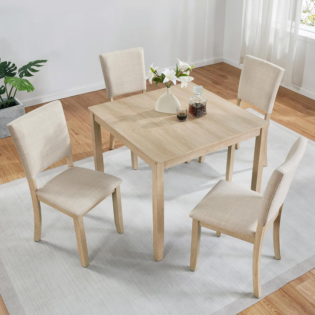 LUMISOL 5-Piece Dining Table Set, Farmhouse Wood Kitchen Table Set with 4 Upholstered Chairs for Kitchen, Dining Room, Living Room, Light Oak+Beige