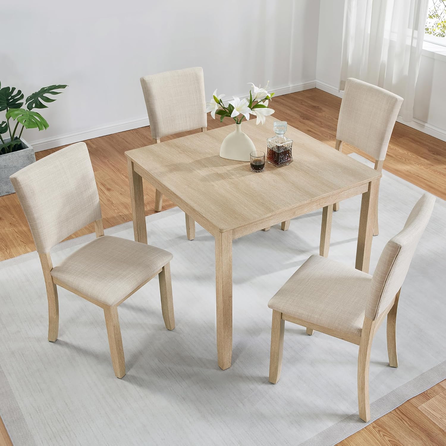 LUMISOL 5-Piece Dining Table Set, Farmhouse Wood Kitchen Table Set with 4 Upholstered Chairs for Kitchen, Dining Room, Living Room, Light Oak+Beige
