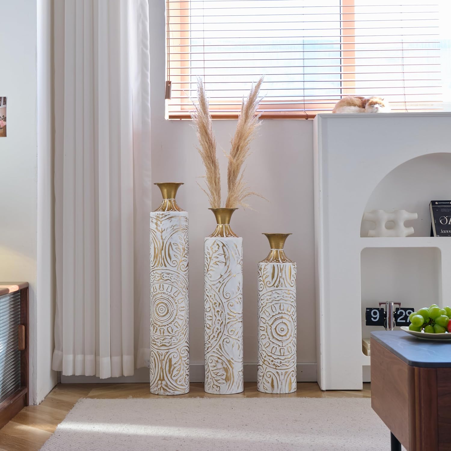 Floor Metal Decorated Vases Set of 3 for Gorgeous Home Decoration Large Glazed Metal Vases (Pampas+White)