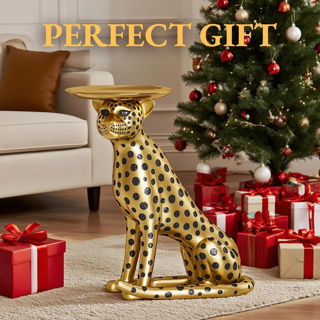 homary Animal Side Table with Tray Top– Gold Leopard Statue Panther Figurine End Table Art Decor for Home & Gifts