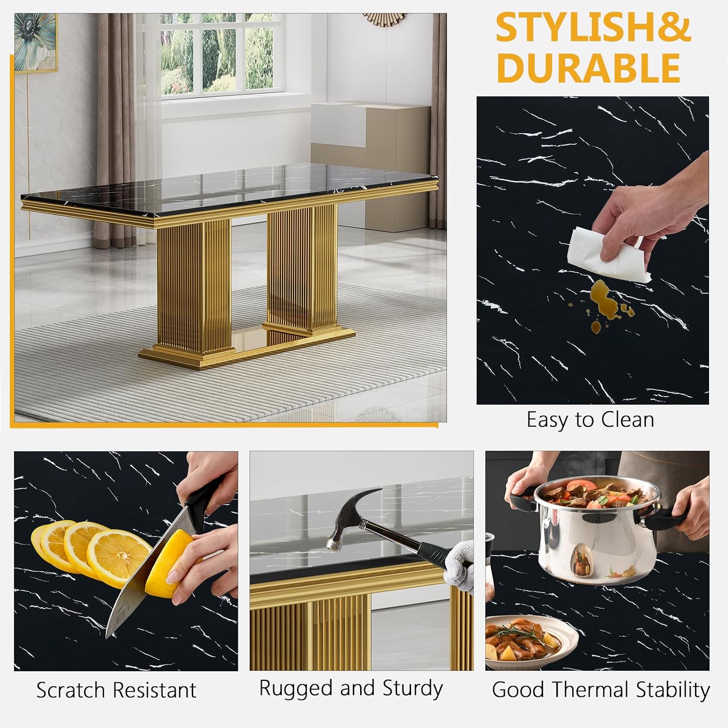 68' Black Marble Dining Table for 6 to 8, Luxury Large Rectangular Faux Marble Tabletop & Gold Double Pedestal Base, Mid Century Modern Kitchen Dining Room Table for Dinner Family Gathering