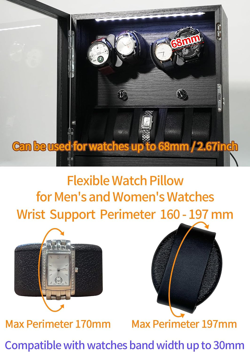 Oryx Watch Winder for 4/6/9 Automatic Watches, Rotating Watch Box 5 Rotation Modes Display Case with Extra Watches Holders and Jewelry Storage, Lockable Winders LED Light USB/AC Powered Mabuchi Motor