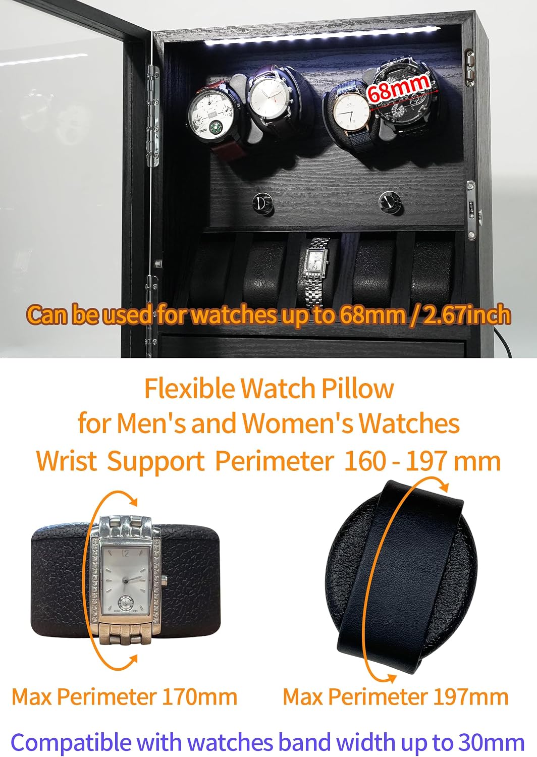 Oryx Watch Winder for 4/6/9 Automatic Watches, Rotating Watch Box 5 Rotation Modes Display Case with Extra Watches Holders and Jewelry Storage, Lockable Winders LED Light USB/AC Powered Mabuchi Motor