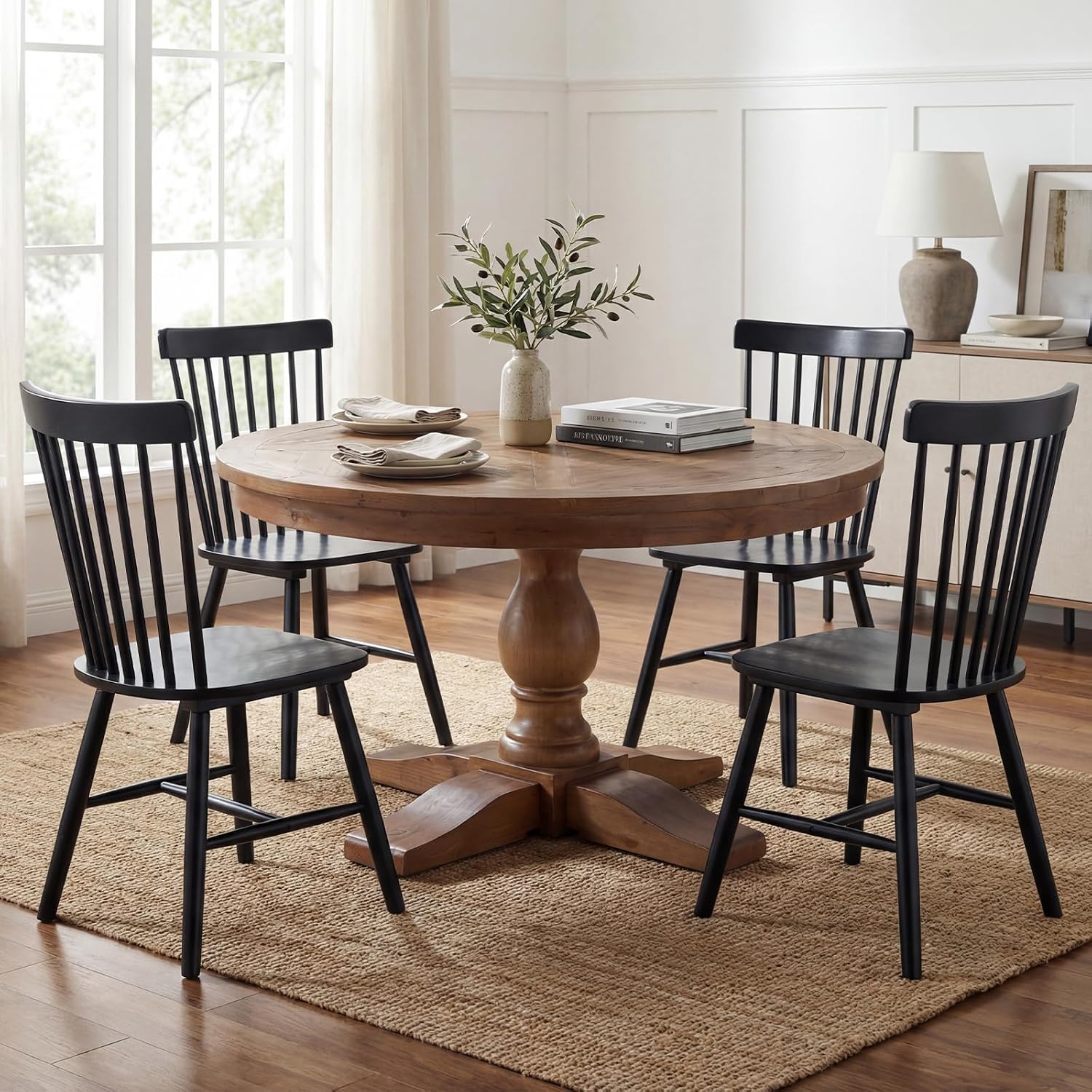 60' Round Dining Table, Reclaimed Wood Kitchen Table for 6-8, Farmhouse Circle Kitchen Table with Pedestal Curved Leg for Kitchen Dining Room Restaurant - Walnut