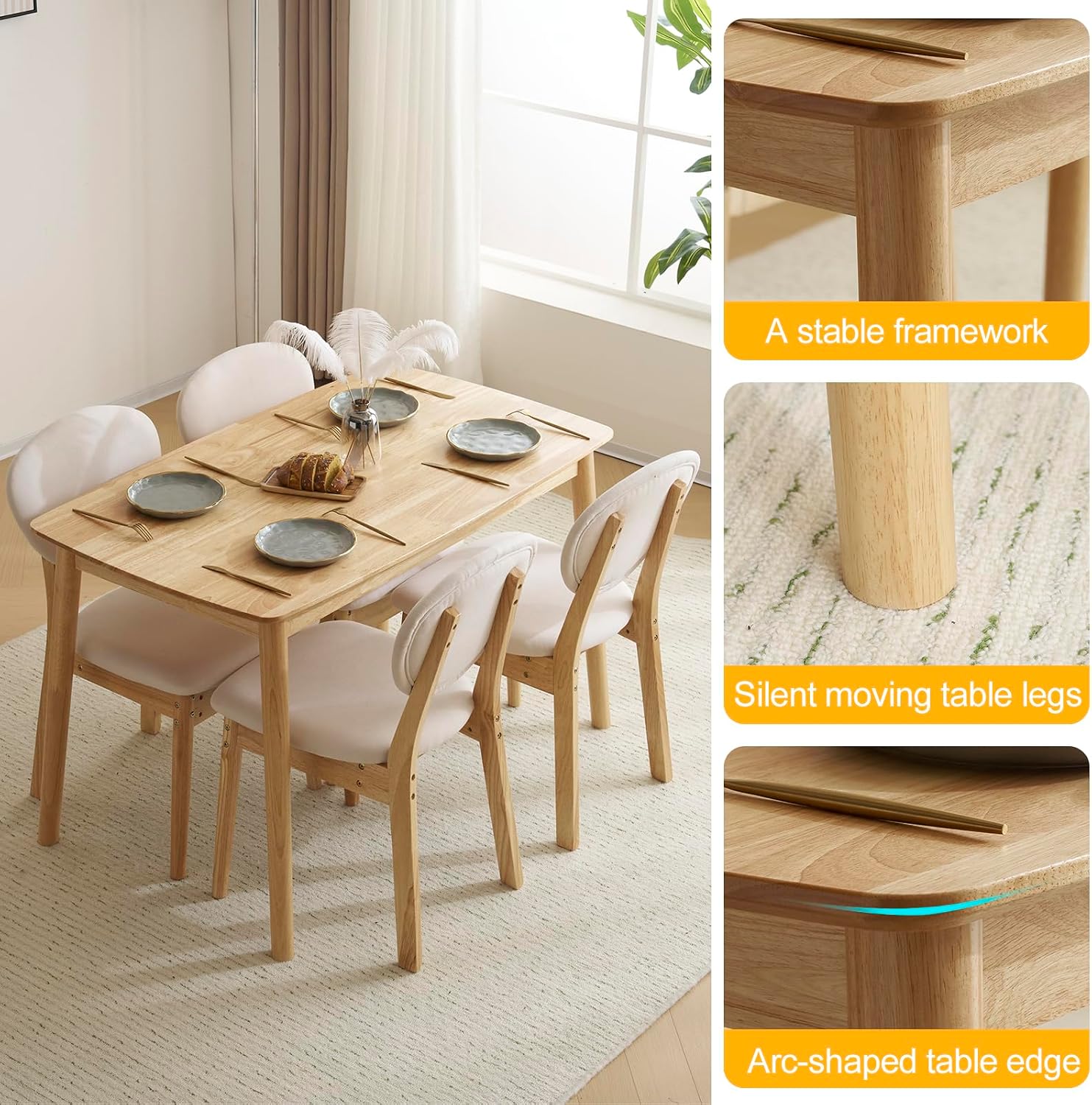 Karl home Mid-Century Modern 5-Piece Wood Dining Table Set for 4, Compact Mid-Century Modern Kitchen Table and Chairs for Kitchen/Small Apartment/Dining Room, Padded Seats & Backrests (Nature)