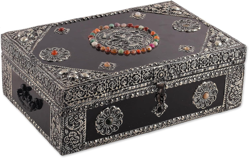NOVICA Nickel Repousse Mango Wood Jewelry Box with Glass Accents, 'Antique Sophistication'