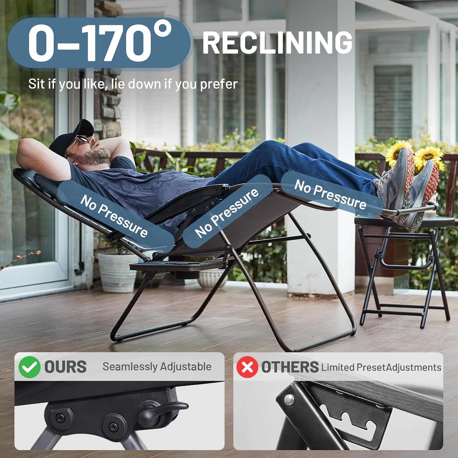 Timber Ridge Oversized Zero Gravity Chair, 33In Wide XXL Zero Gravity Reclining Chair with Side Table, Full Padded Lounge Chair for Outdoor Camping Patio Lawn, Heavy Duty Supports 500lbs, Grey-2 Pack