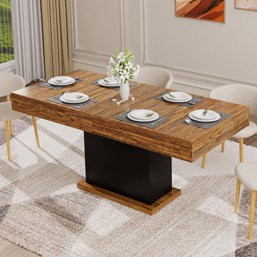 55' Dining Table for 4 to 6 People, Farmhouse Wood Dinner Table with Drawers & Led Lights for Kitchen, Dining Room & Living Room (Oak Brown & Black)