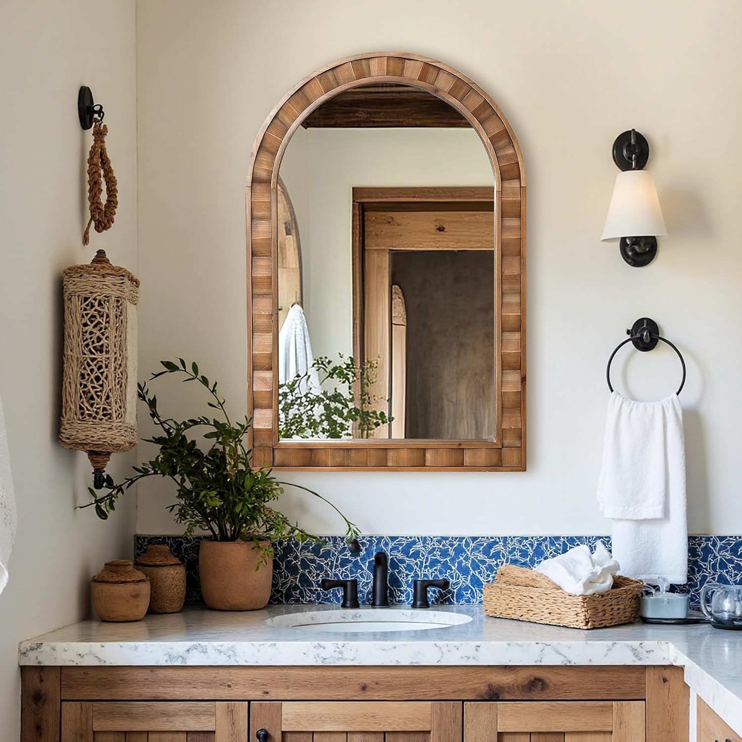 LuxenHome Arched Wall Mirror, 30.4'x18.5' Solid Wood Framed Rustic Farmhouse Decorative Wooden Mirrors, Wall Mounted Hanging Accent Entryway Mirror for Bathroom, Living Room, Bedroom Home Decor