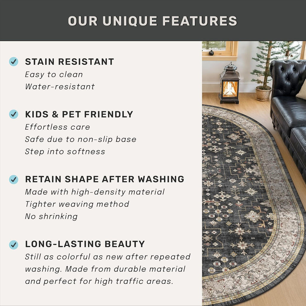 Boho Black Oval Area Rug 6x9 for Living Room, Vintage Washable Large Area Rug for Dining Room, Low Pile Non-Slip Rugs for Bedroom, Office - Charming Farmhouse Decor & Stain Resistant (6x9 Black/Multi)