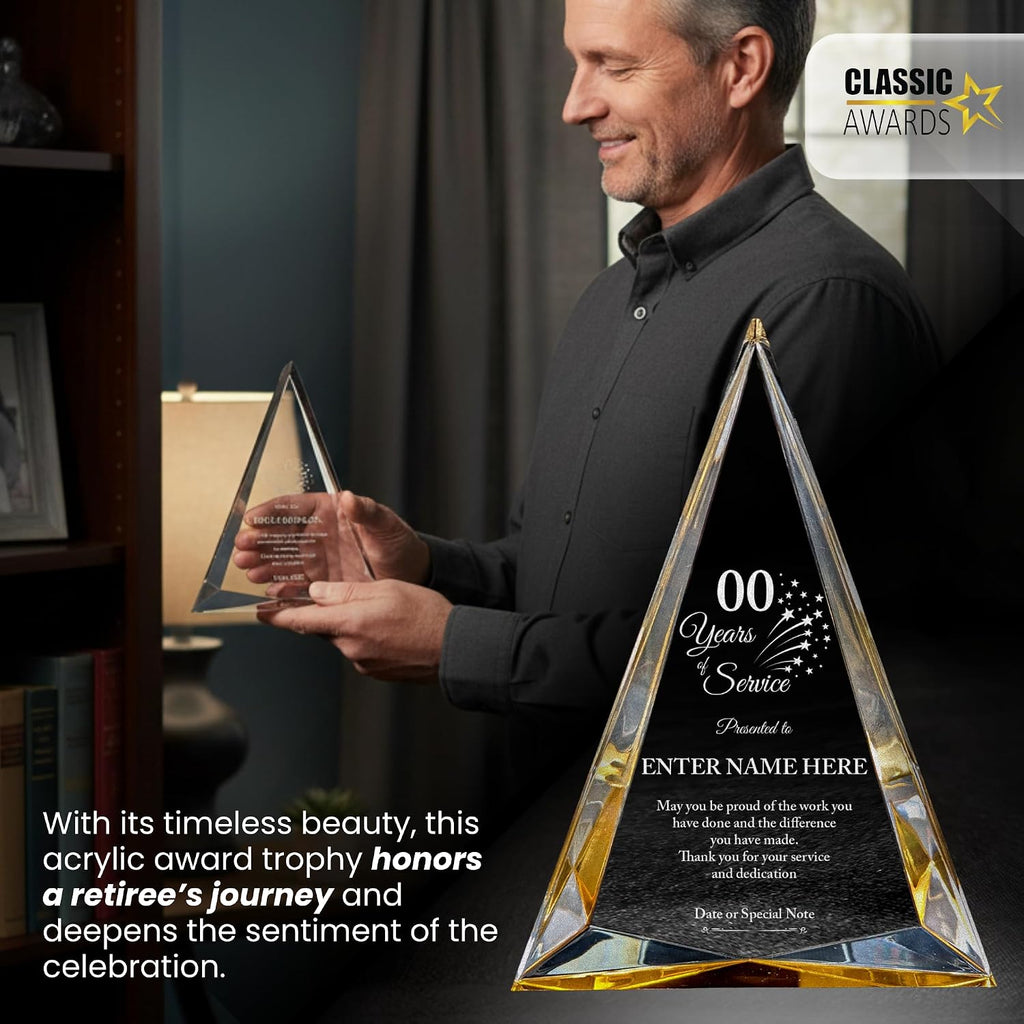 Personalized Acrylic Retirement Gifts For Men and Women, Laser Engraved Custom Trophy for Service Recognition, Years Of Service Retirement Trophy Award for Boss, Employee, Teacher (Gold Pinnacle)