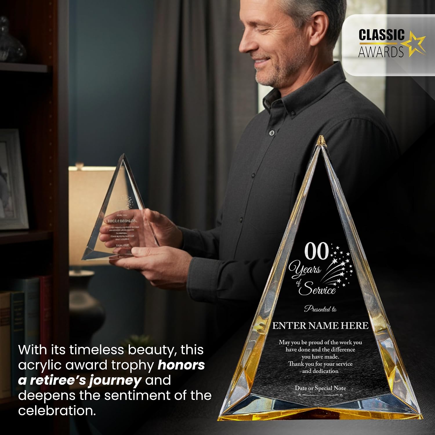 Personalized Acrylic Retirement Gifts For Men and Women, Laser Engraved Custom Trophy for Service Recognition, Years Of Service Retirement Trophy Award for Boss, Employee, Teacher (Gold Pinnacle)