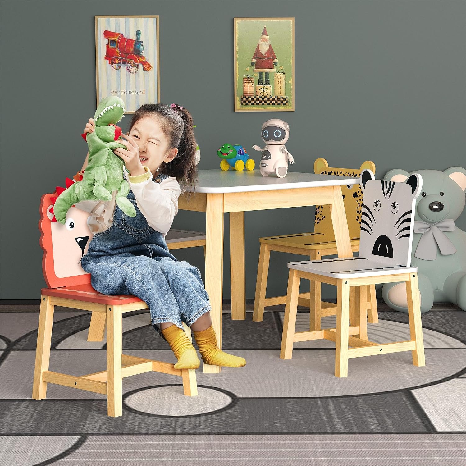 GDFStudio Toddler Table and Chair Set, 5-Piece Kids Dinner Table and Chairs for Ages 3-8, Cartoon Animals Solid Wood Play Table for Drawing, Study, Dining Room, Nursery and Kindergarten, White
