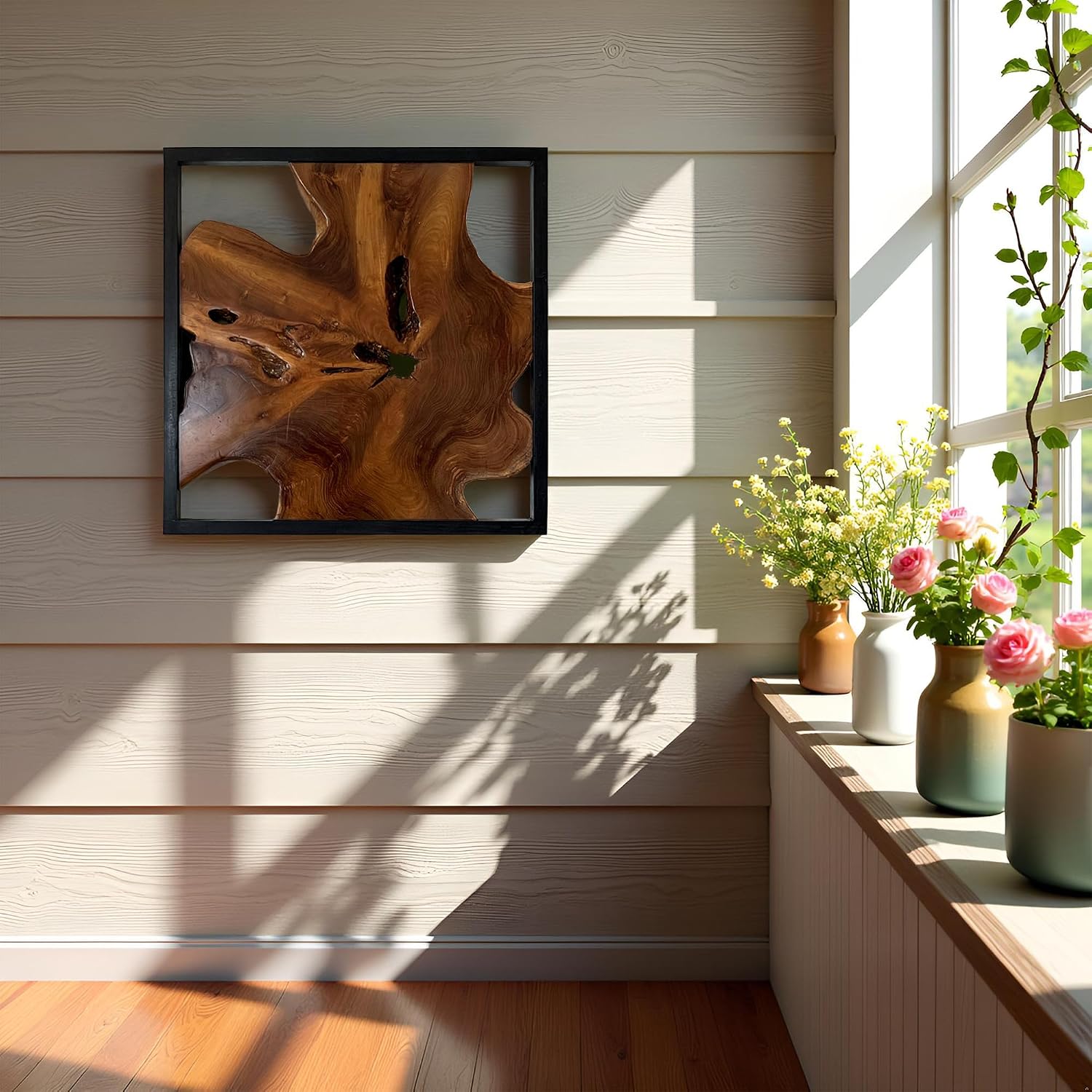 Warmaxx Rustic Teak Wood Wall Art 27.8'L x 27.8'W x 2.3' Thickness Farmhouse Framed Wall Art Aesthetic Decoration Square Home Office Dorm Handmade Freeform Pattern Natural Wall Décor Living Room Bedroom Hallway