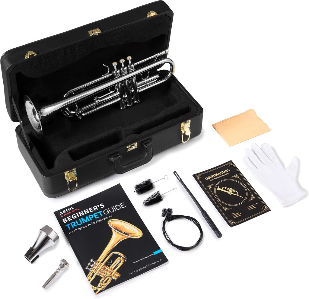 AKLOT Hand-Hammered Bell Bb Trumpet: Smooth Valve Action, Clear-Lacquered Brass Body, Standard Trumpet Beginner Set with Leather Case, Lesson Book, Trumpet Mute, Mouthpiece, Cleaning Kit (SNR-BrzSS)