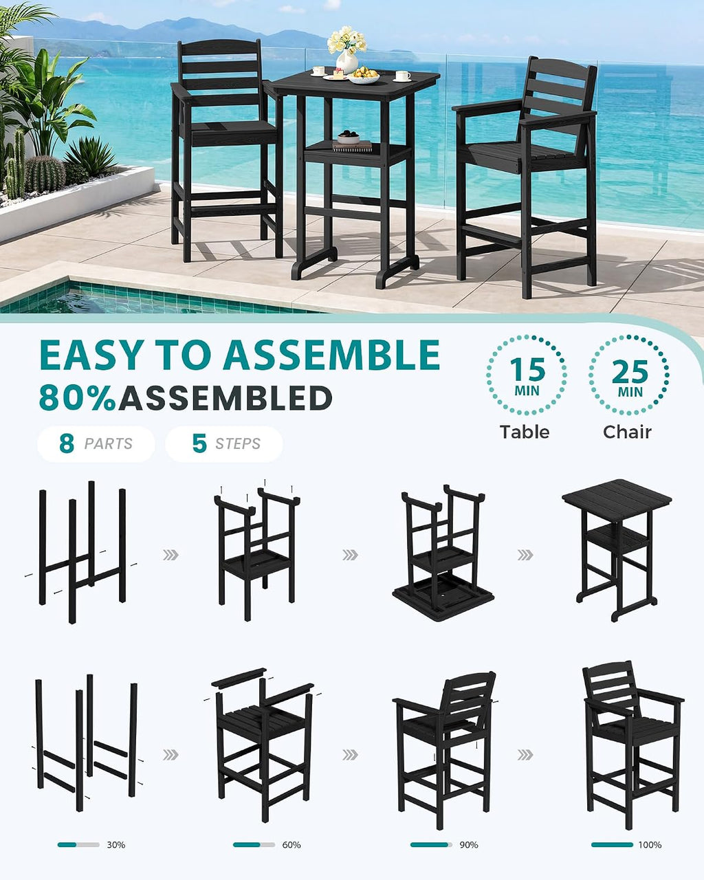 SERWALL Balcony Adirondack Chairs and Table 3 Pieces Set, Oversize Adirondack Bar Height Chairs Set of 2 and Bar Table, Outdoor Bar Stools Set, Black