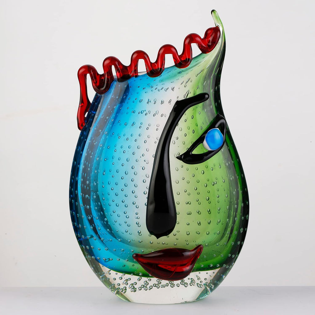 Yao Yuan Hand Blown Art Glass Vase with face Art,Murano Glass Style,Multi-Colored