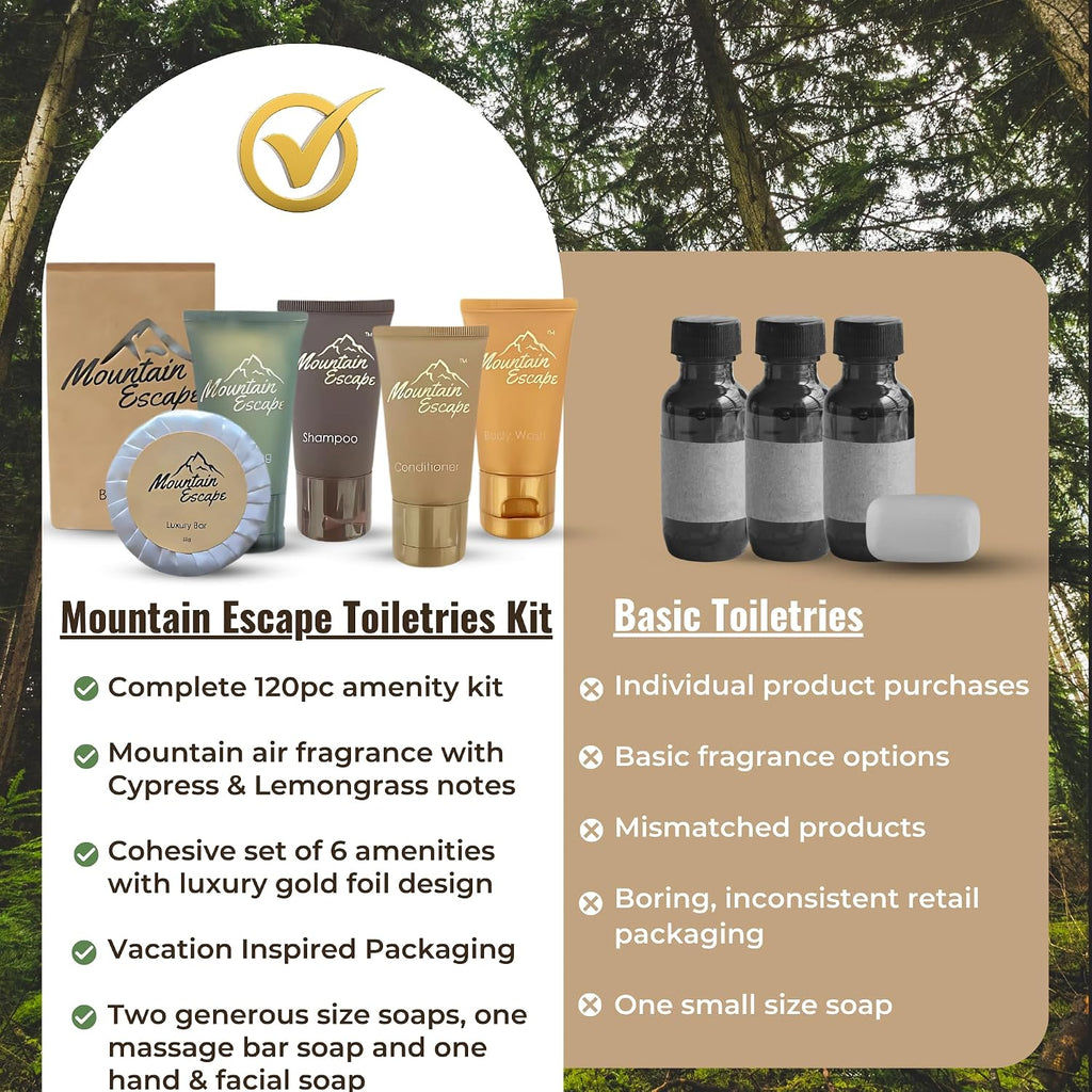 Mountain Escape - Premium Hotel Soaps & Toiletries Bulk Set with 1oz Travel Size Shampoo and Conditioner, Body Wash, Lotion, and 2 guest Soaps - Rental Ready Amenities Kit (120 Pieces)
