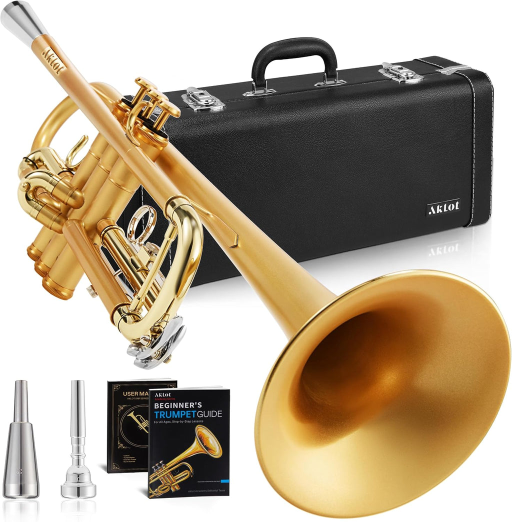 AKLOT Weighted Leadpipe Bb Trumpet: Satin Gold, Mouthpiece Booster, 7C Mouthpiece*2, Beginner & Intermediate Standard Trumpet Instrument, Trompeta Musicales with Hard Case, Lesson Book, Cleaning Kit
