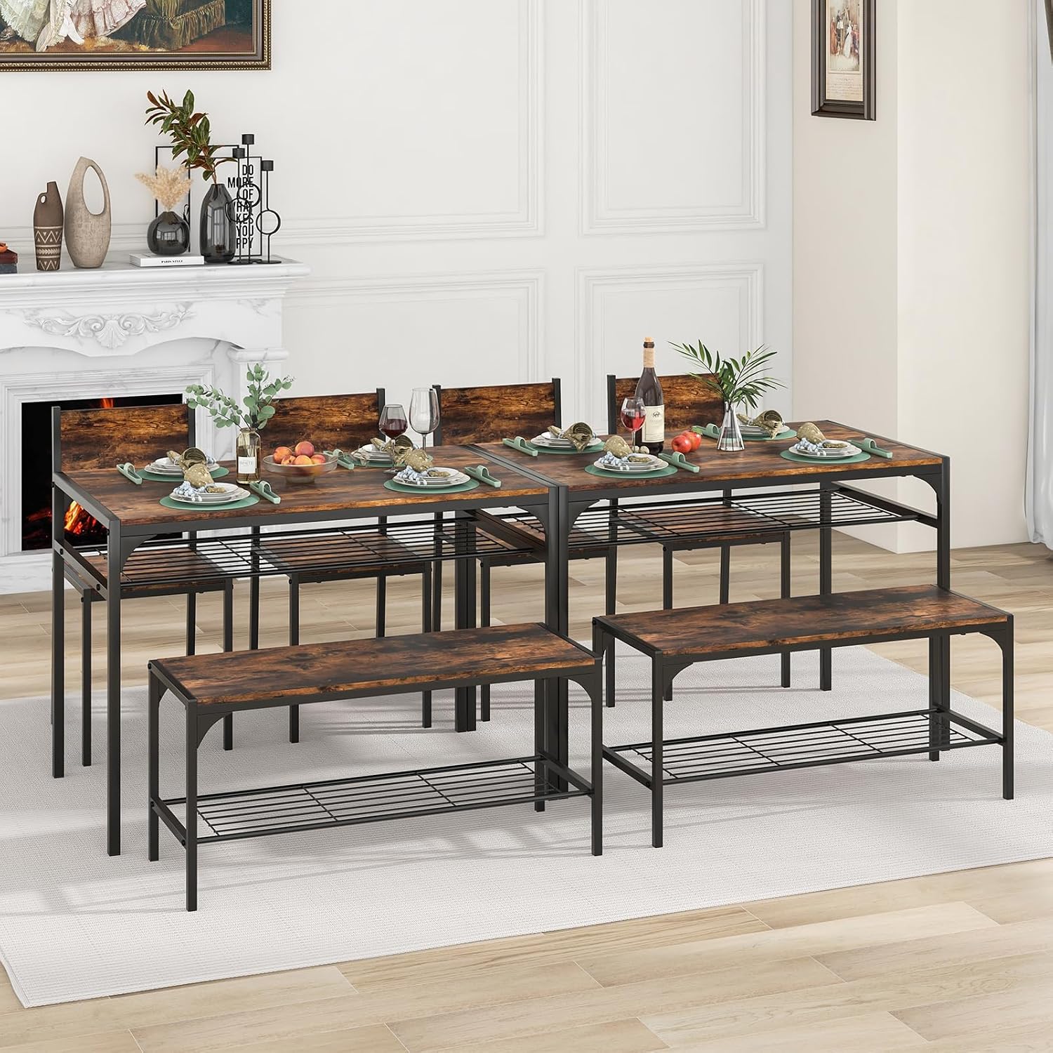 Giantex Dining Table Set for 4, Kitchen Table with Chairs & Bench, Storage Racks, Metal Frame, 4-Piece Space-Saving Dinette Set for Dining Room, Breakfast Nook, Small Space, Apartment,Rustic Brown
