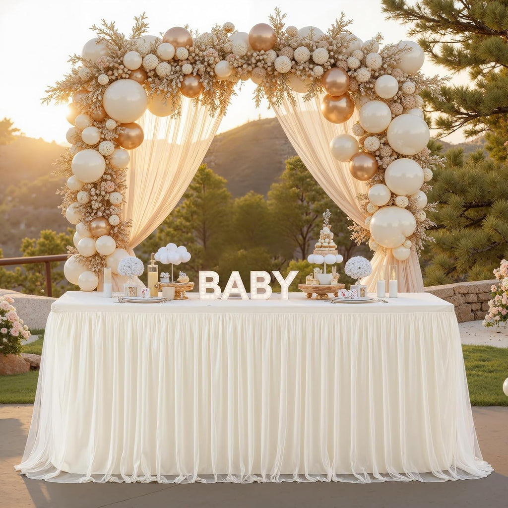 6 Pack 6ft Ivory Tulle Tablecloths for Rectangle Tables 6 Foot Ivory Rectangular Table Cloth Wrinkle Free Tablecover with Tutu Skirt for Wedding Baby Shower Birthday Party Banquet Buffet Cake