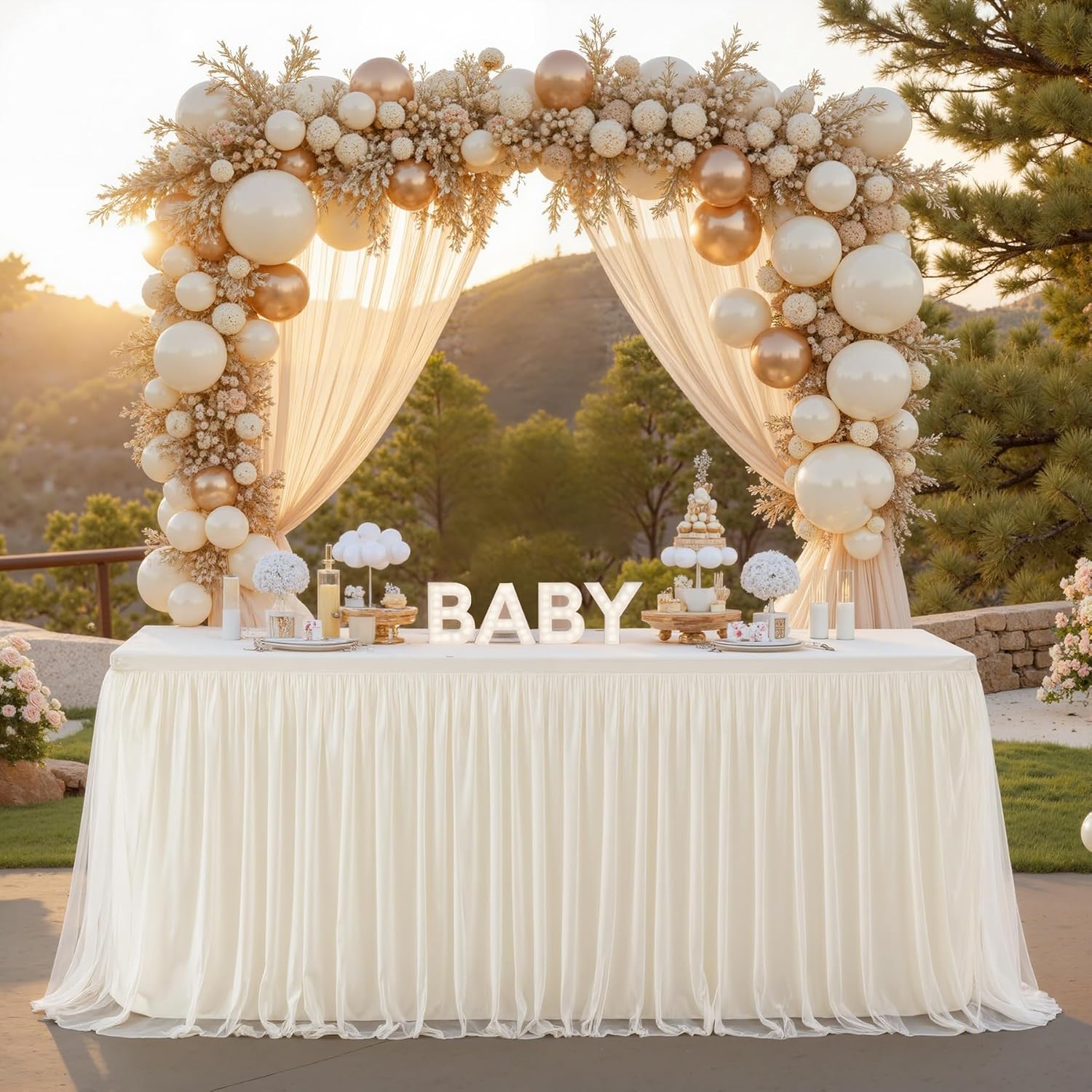 6 Pack 8ft Ivory Tulle Tablecloths for Rectangle Tables 8 Foot Ivory Rectangular Table Cloth Wrinkle Free Table Cover with Tutu Skirt for Wedding Baby Shower Birthday Party Banquet Buffet Cake