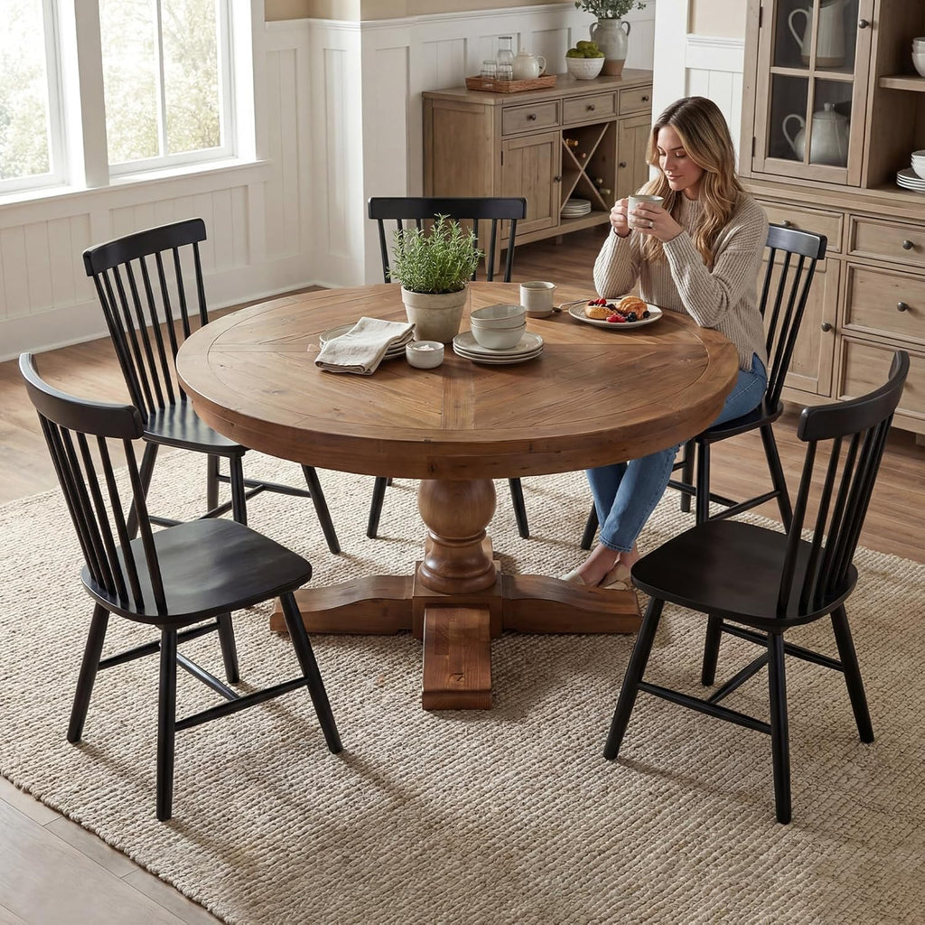 60' Round Dining Table, Reclaimed Wood Kitchen Table for 6-8, Farmhouse Circle Kitchen Table with Pedestal Curved Leg for Kitchen Dining Room Restaurant - Walnut