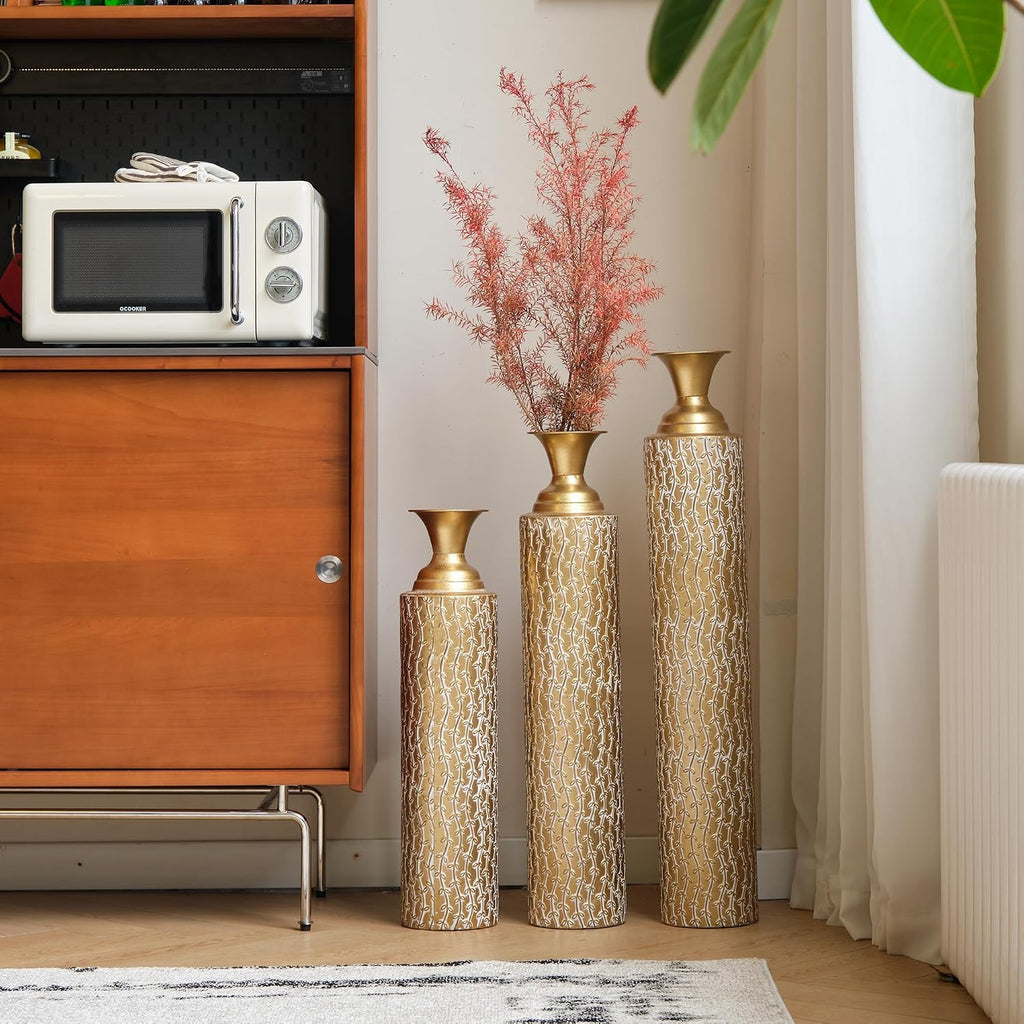 Floor Metal Decorated Vases Set of 3 for Gorgeous Home Decoration Large Glazed Metal Vases (Matte Gold)