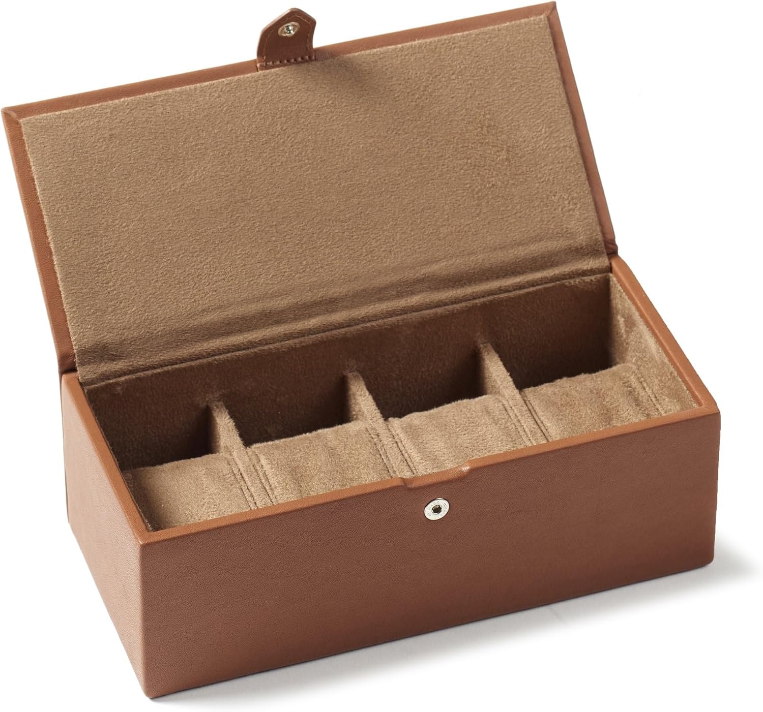 Leatherology Cognac Watch & Bracelet Box – Full Grain Leather Jewelry Organizer with 4 Microsuede-Lined Compartments, Removable Cushions & Snap Closure – Storage for Watches and Accessories