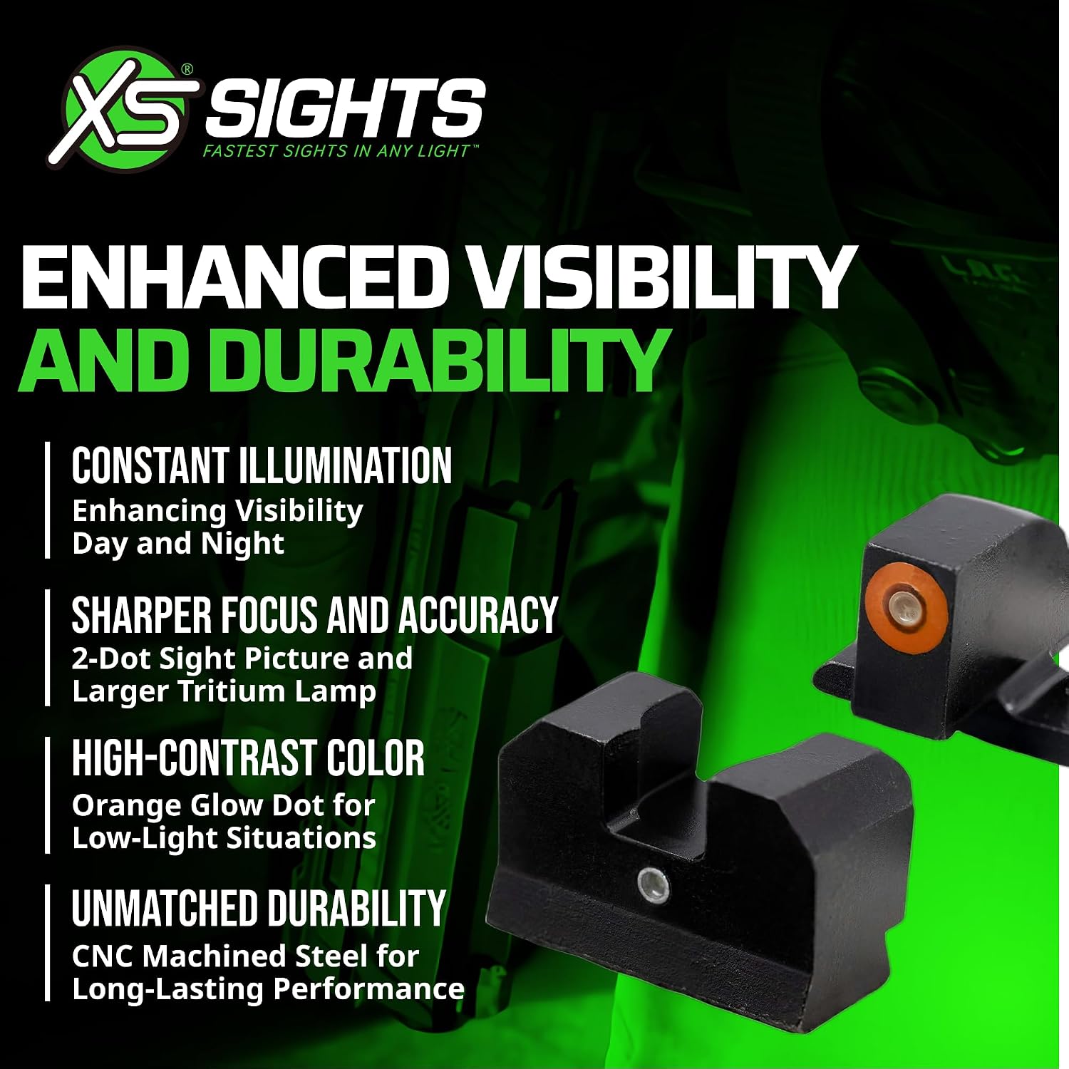 XS SIGHTS F8 Night Sight for Pistols, Large Tritium Front Sight for Fast Acquisition, Wide U-Notch Rear Sight, High Visibility, Easy Alignment