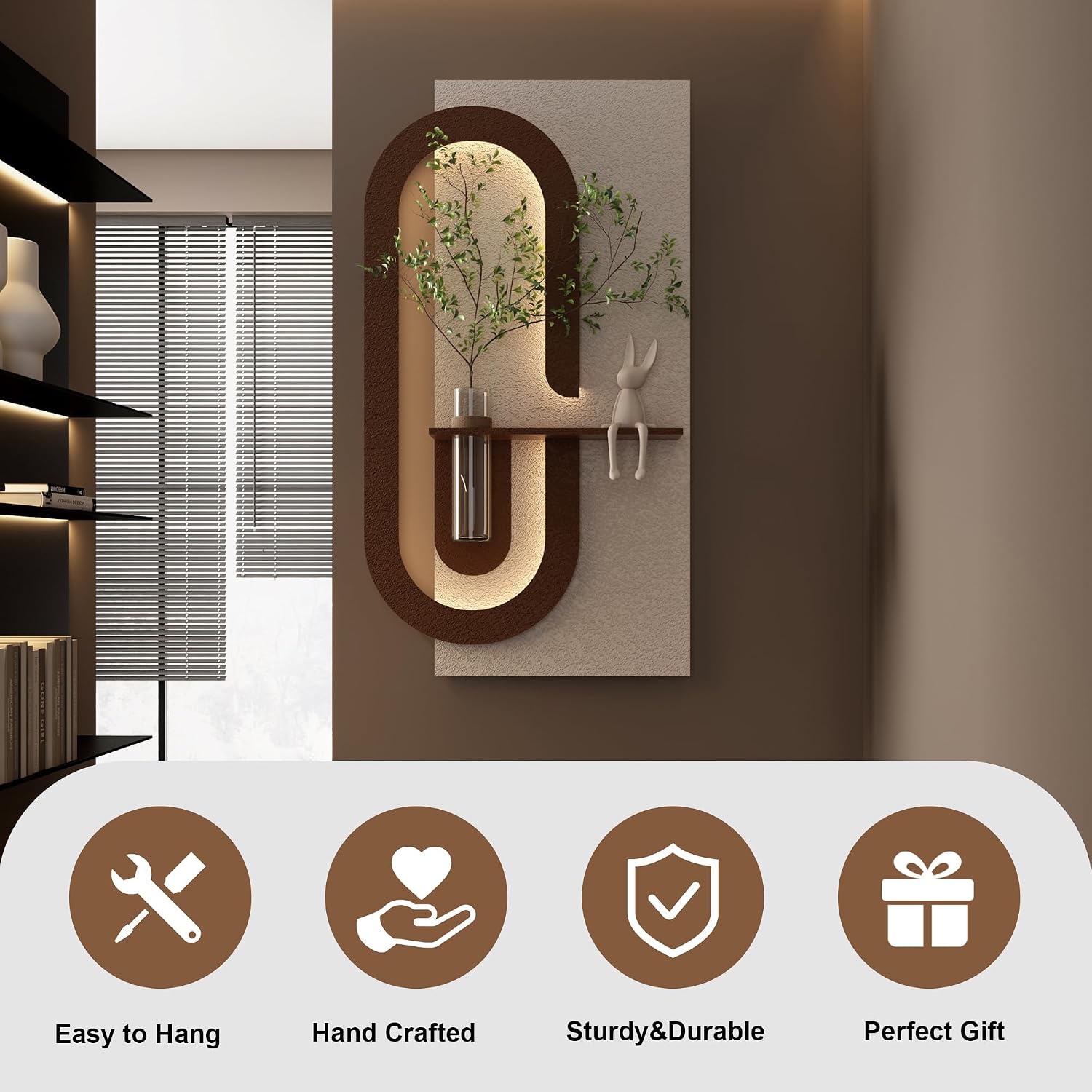 Montary 3D Sandstone Entryway Decor Art Painting, Modern LED Wall Decor Sculpture with Artificial Plants, Glass Vase & Rabbit Statue, Remote Control 3-Color Light for Living Room, Bedroom, Hallway