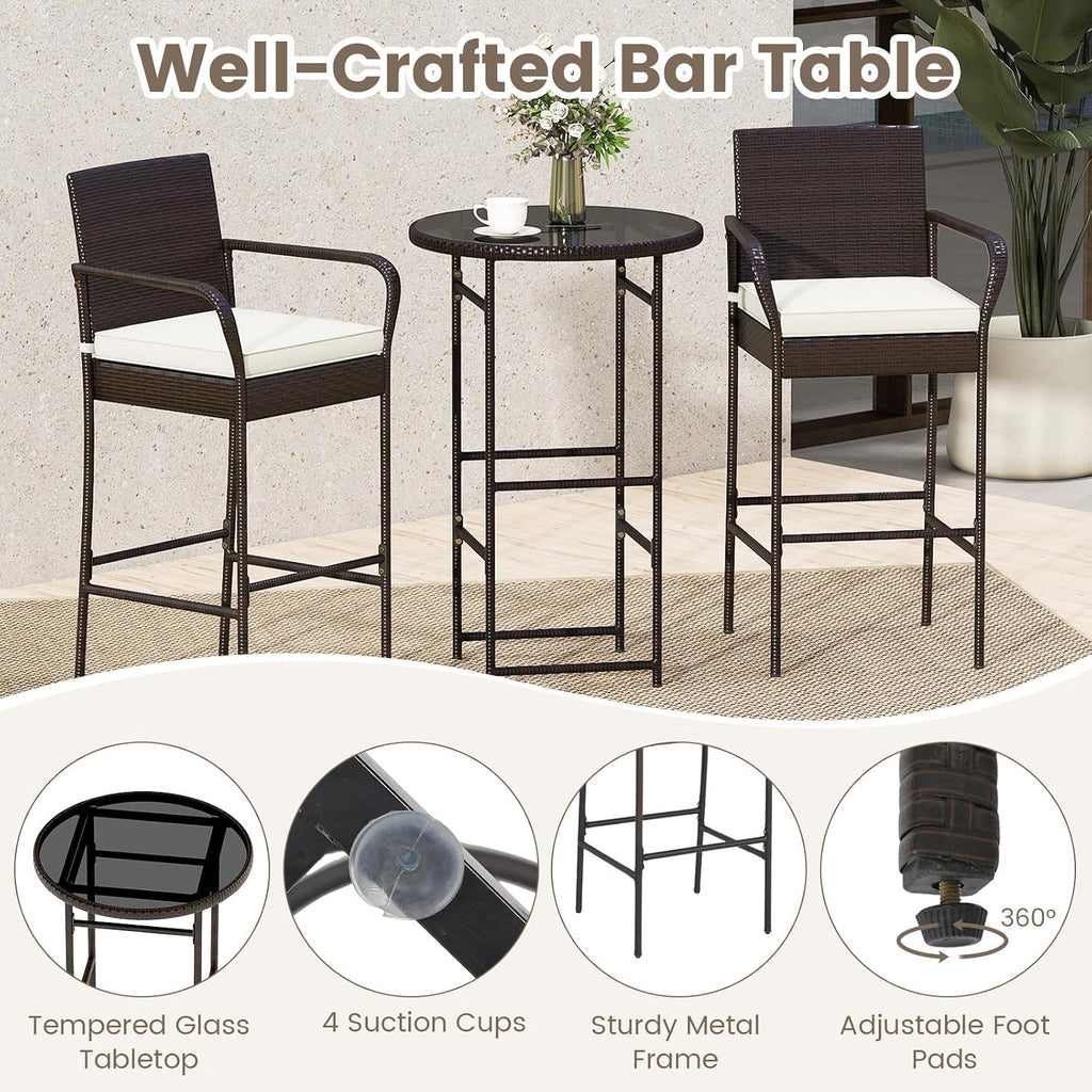 Tangkula 3 Piece Outdoor Bar Set, Patio Rattan Heavy Duty Bar Height Glass Top Table & Chairs w/ 2 Cushioned Barstools, for Porch, Yard, Poolside