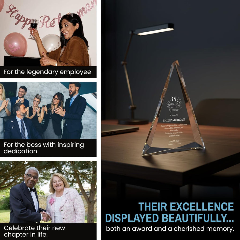 Personalized Acrylic Retirement Gifts For Men and Women, Laser Engraved Custom Trophy for Service Recognition, Years Of Service Retirement Trophy Award for Boss, Employee, Teacher (Gold Pinnacle)