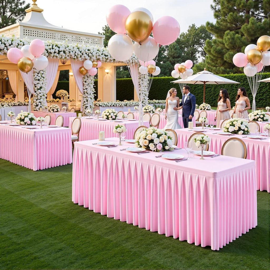 6 Pack Pink Rectangle Tablecloth 8 FT Stretch Spandex Fitted Table Cloth for 8 Foot Rectangle Tables Banquet Tablecloths Wrinkle Free Table Cover Skirt Ruffle Tablecloth for Party Wedding Birthday