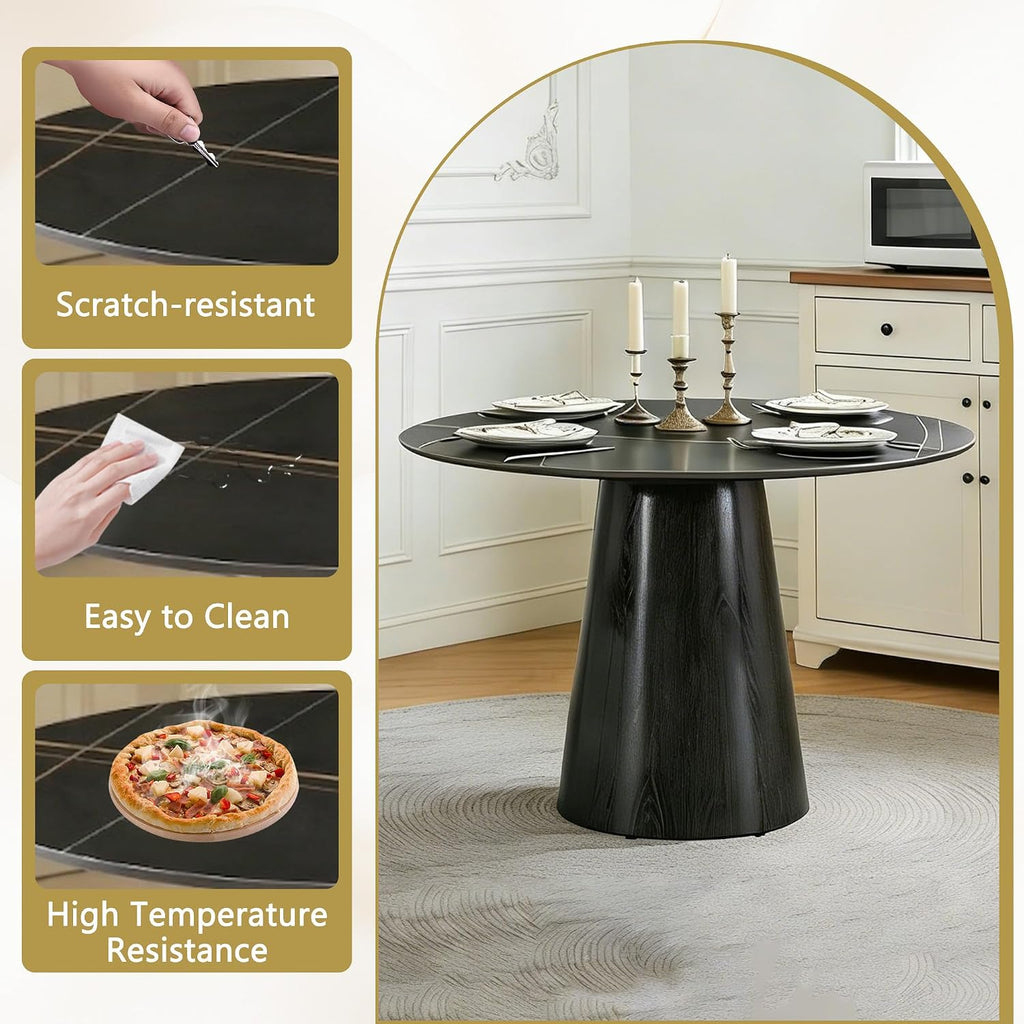 Faux Marble Round Dining Table for 4-6, 42' Modern Round Kitchen Table with Sintered Stone Top and Wood Stable Pedestal for Apartment,Restaurant,Small Space (Black