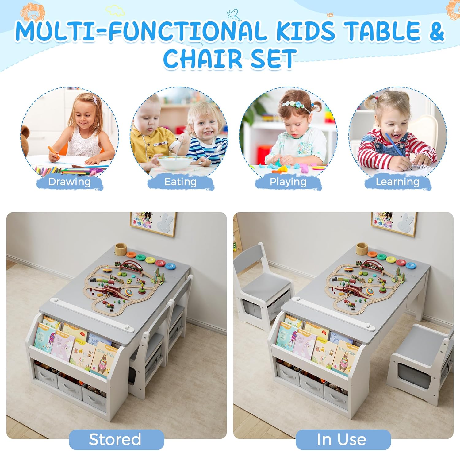 5-in-1 Kids Art Table and Chairs, Toddler Table and Chair Set, Craft Play Desk for Kids, Convertible Art Easel with Paper Roll Holder & Storage Drawers, Children Activity Learning Center-Gray