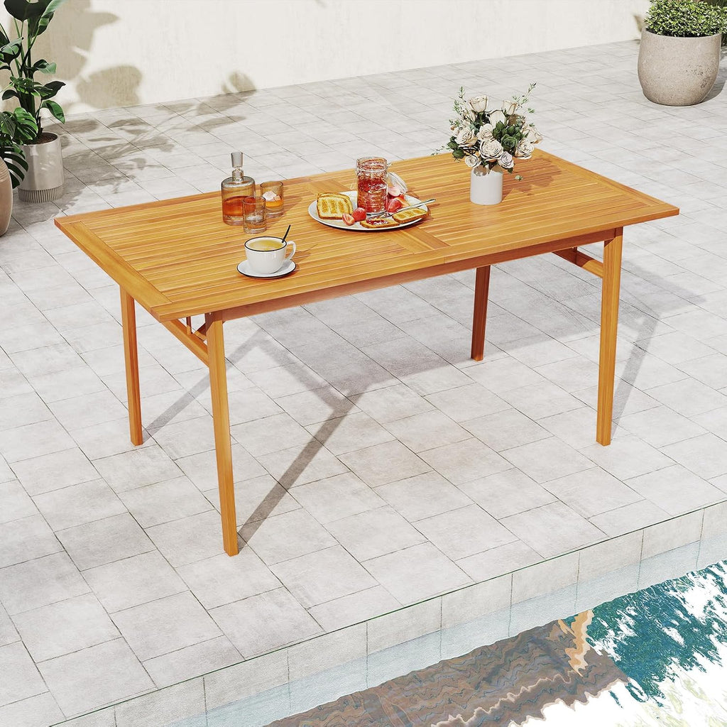 HAPPYGRILL Acacia Wood Outdoor Dining Table with Umbrella Hole & Cover, for 4-6 People, 63' Large Farmhouse Dinette Furniture for Backyard Patio Deck Porch