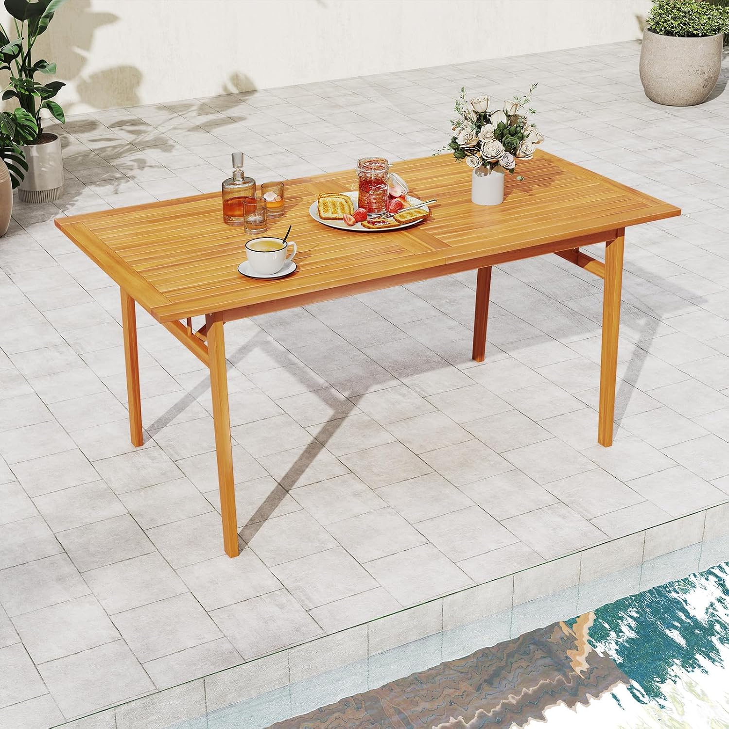 HAPPYGRILL Acacia Wood Outdoor Dining Table with Umbrella Hole & Cover, for 4-6 People, 63' Large Farmhouse Dinette Furniture for Backyard Patio Deck Porch