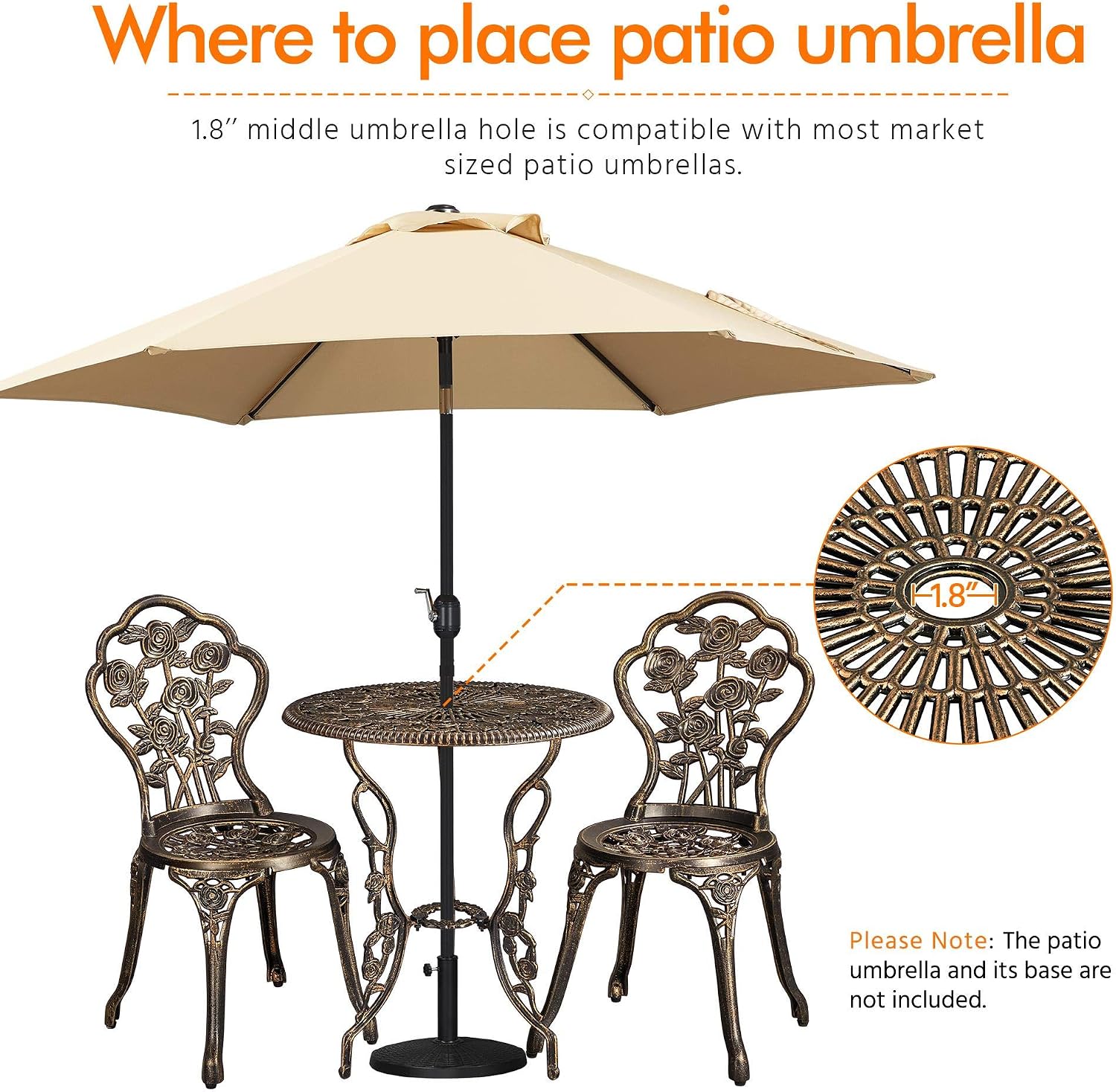 Yaheetech 3-Piece Outdoor Bistro Set w/Rose Design, Rust-Resistant Cast Aluminum Table and Chairs w/Umbrella Hole for Balcony Backyard Garden - Bronze