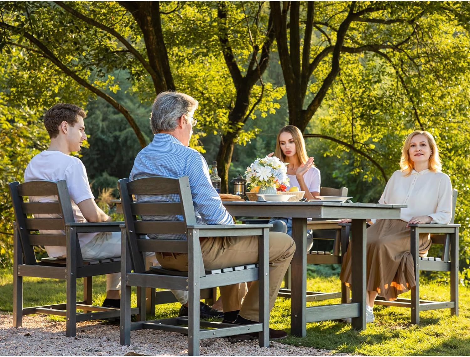 SERWALL Outdoor HDPE Dining Table Set, 7-Piece Outdoor Dining Table Sets with Umbrella Hole Cut-Out Table and 6 Chairs, Gray