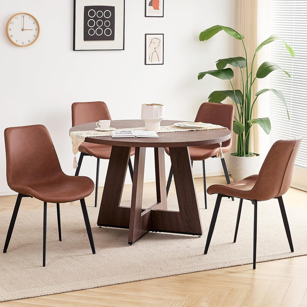 47 inch Round Dining Table Set for 4 Kitchen Table and Chairs Set Mid-Century Modern Kitchen Tables with Upholstered Synthetic Leather Chairs of 4(Walnut Table with 4 Brown Chairs)