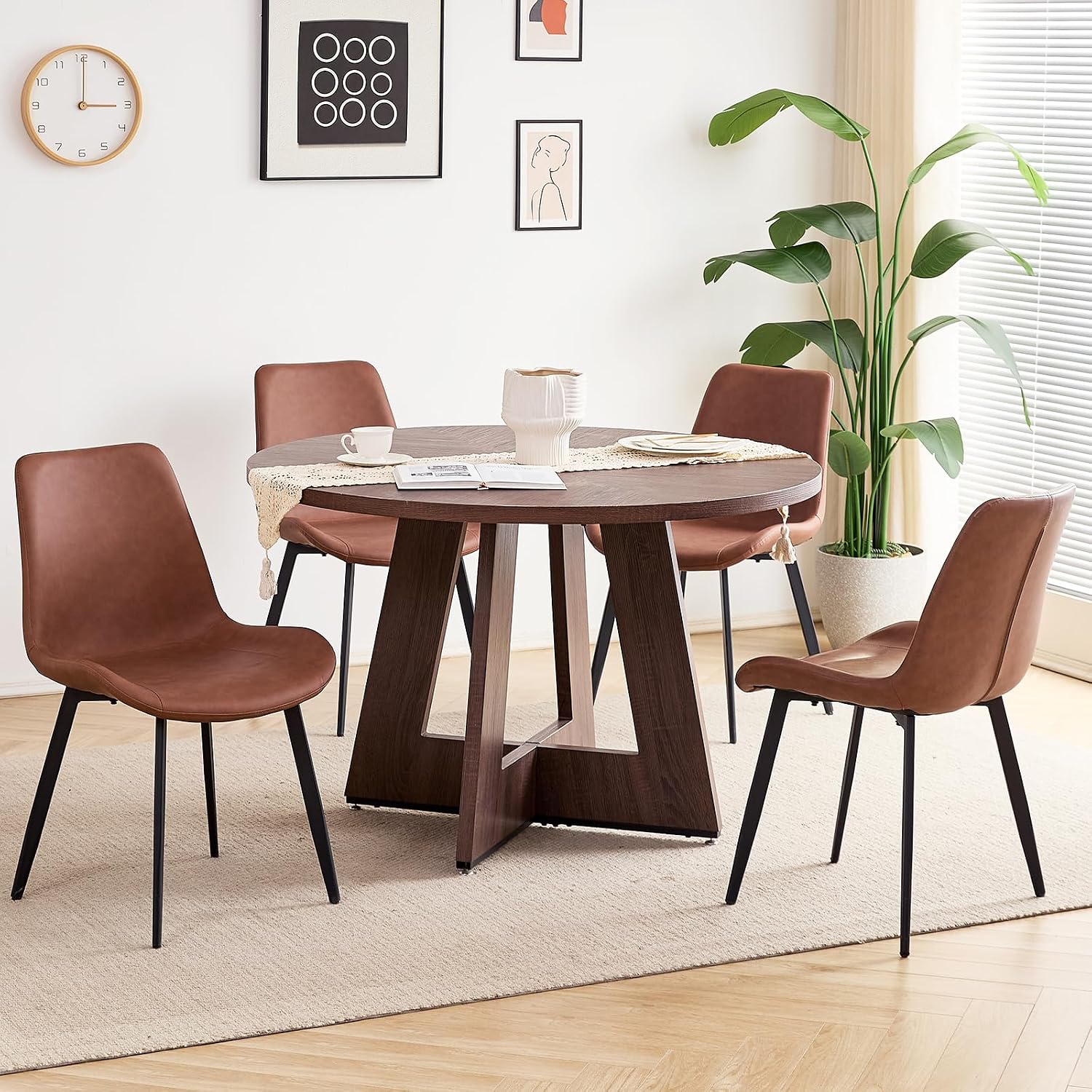47 inch Round Dining Table Set for 4 Kitchen Table and Chairs Set Mid-Century Modern Kitchen Tables with Upholstered Synthetic Leather Chairs of 4(Walnut Table with 4 Brown Chairs)